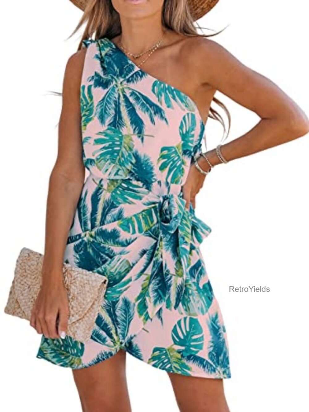 CUPSHE Tropical Leaf Print One Shoulder Wrap Mini Dress Sleeveless Casual
